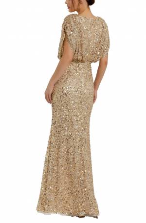 Gold Draped Sleeve V Neck Gown